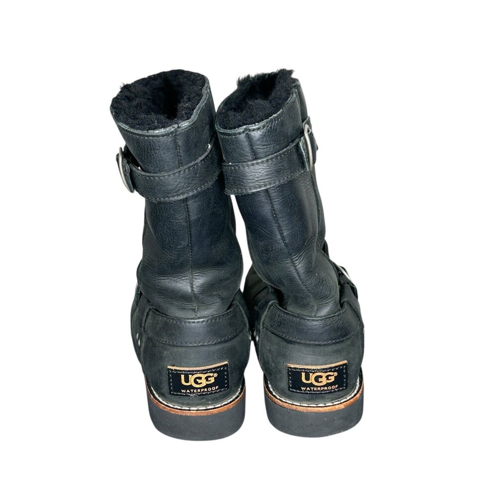 UGG Black Leather Buckle Boots Shearling Lined Girl's Size 5 - Picture 4 of 6